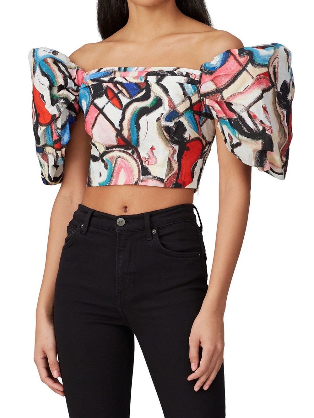 Elliatt Pandora Off-Shoulder Puff-Sleeve Crop Top - Multicolor Abstract Print